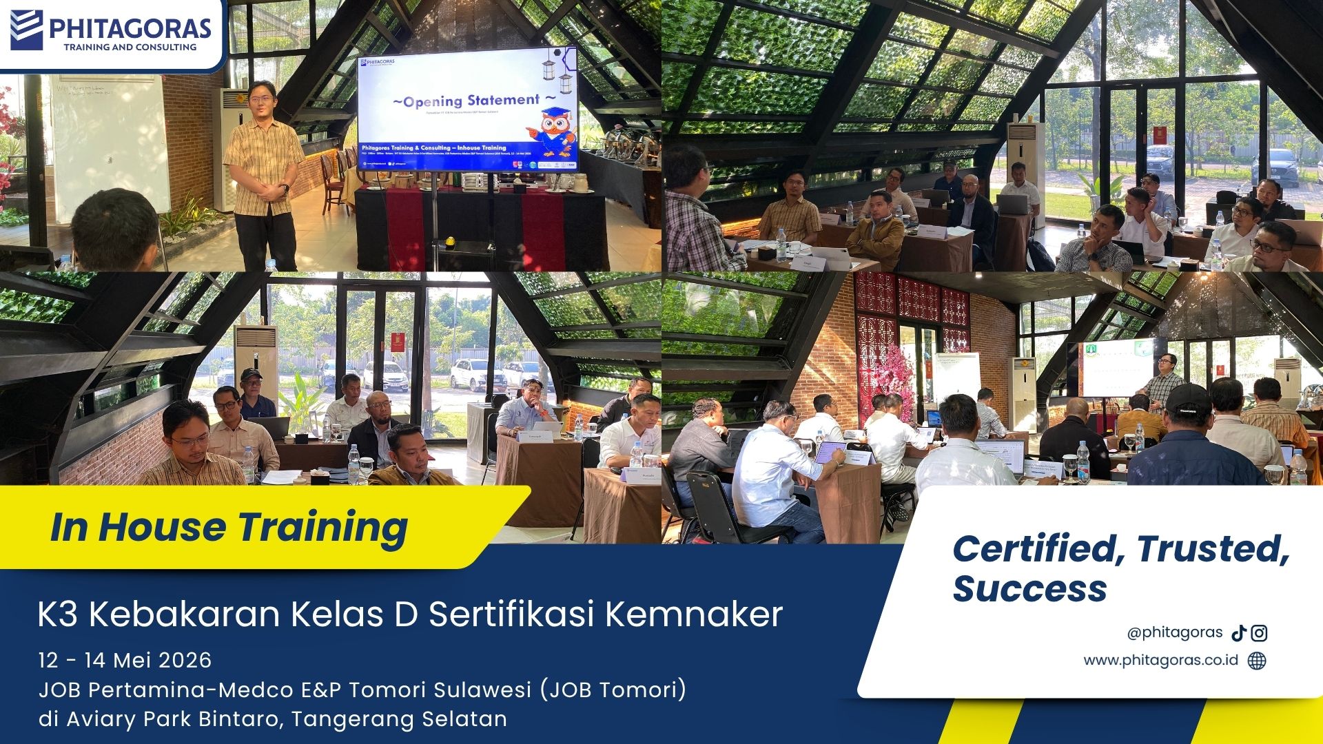 Foto Kegiatan In House Training K3 Kebakaran Kelas D Sertifikasi Kemnaker - JOB Pertamina-Medco E&P Tomori Sulawesi (JOB Tomori) 12 - 14 Mei 2026 di Aviary Park Bintaro, Tangerang Selatan