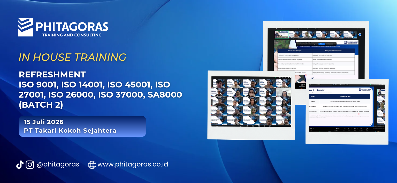 Header In House Training Refreshment ISO 9001, ISO 14001, ISO 45001, ISO 27001, ISO 26000, ISO 37000, SA8000 - PT Takari Kokoh Sejahtera, 15 Juli 2026 (Batch 2)