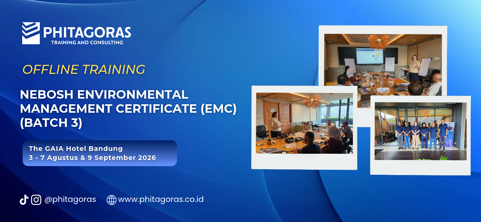 Header Offline Training NEBOSH Environmental Management Certificate (EMC), 3 - 7 Agustus & 9 September 2026 (Batch 3) di The GAIA Hotel Bandung