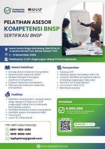 Flyer Pelatihan Asesor Kompetensi BNSP oleh LSP Lingkungan Hidup Prima Indonesia, 2–6 November 2026 di Bekasi
