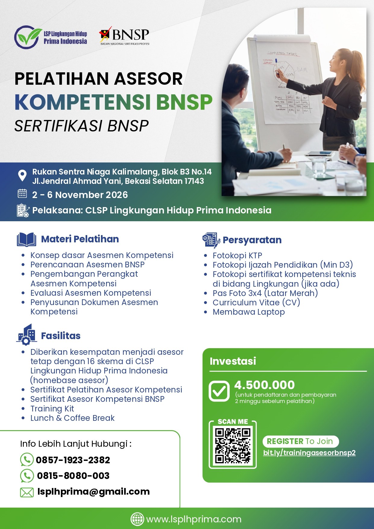 Flyer Pelatihan Asesor Kompetensi BNSP oleh LSP Lingkungan Hidup Prima Indonesia, 2–6 November 2026 di Bekasi